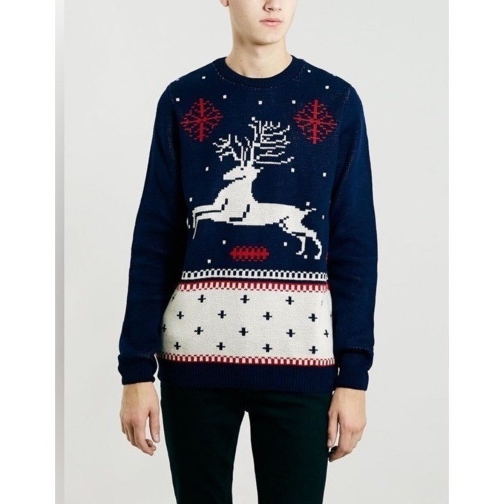 Topman Mens Navy Blue Reindeer Fair Isle Ugly Christmas Sweater Size L‎ Britain